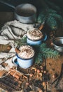 Hot chocolate with whipped cream, nuts, spices and fir-tree branches Royalty Free Stock Photo