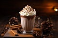 Hot chocolate with whipped cream and nuts on a wooden background. Selective focus, Cup of hot chocolate with whipped cream and