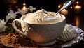 Hot chocolate with whipped cream on a wooden table generated by AI Royalty Free Stock Photo
