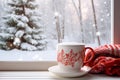 Hot chocolate in a white cup on white wood christmas with red scraf near window christmas tree background, ai generated