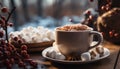 Hot chocolate on wooden table, winter warmth in a cup generated by AI