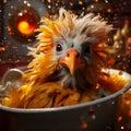 Vibrant Chaos: Mythological Portraiture Of A Rooster In A Plastic Bowl
