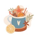 Hot Christmas Cacao decorated with oranges, lemon and anis stars. Vector