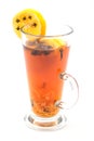Hot citrus drink with alcohol and orange slices and spices, winter drink, product photography for restaurant or cafe