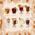 Hot classic cocktails set illustration. Alcoholic warm bar drink hand drawn vector collection. Pop art menu image items