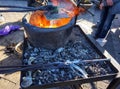 Hot coals in a brazier and metal forging tools. Royalty Free Stock Photo