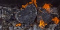 Hot coals and burning woods in the form of human heart. Glowing and flaming charcoal, bright red fire and ash. .Close-up
