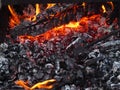 Hot coals, fire and flames close up photo.Burning charcoal for a barbecue Royalty Free Stock Photo