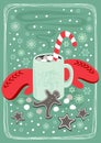 Hot cocoa chocolate winter cozy drink with red gloves and gingerbread man cookie vertical card