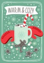 Hot cocoa chocolate winter cozy drink with red gloves and gingerbread man cookie vertical card with text