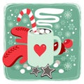 Hot cocoa chocolate winter cozy drink with red gloves and gingerbread star cookies card