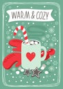 Hot cocoa chocolate winter cozy drink with red gloves and gingerbread star cookies vertical card with text
