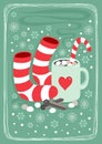 Hot cocoa chocolate winter cozy drink with red white striped socks and cinnamon sticks vertical card