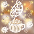 Hot cocoa cup with marshmallows on blurred background