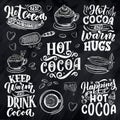 Hot cocoa hand lettering set with cup of cocoa, marshmallows. Hand drawn Christmas signs for cafe, bar and restaurant