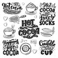 Hot cocoa hand lettering set with cup of cocoa, marshmallows. Hand drawn Christmas signs for cafe, bar and restaurant