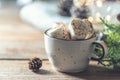 Hot cocoa with marshmallow surrounded by winter things on a wooden table. Winter holiday