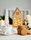 Hot cocoa with marshmallow in white mug surrounded by winter Christmas decoration Royalty Free Stock Photo