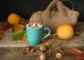 Hot cocoa with marshmallows in a blue ceramic mug with autumn leaves and pumpkins on a wooden table. The concept of hygge, cozy Royalty Free Stock Photo