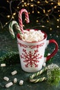 Hot cocoa with marshmallows and candy. Christmas sweet background Close up.