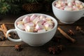 Hot cocoa with marshmallows in a cup on a brown wooden background. Winter. new Year. Christmas Royalty Free Stock Photo