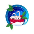 Hot Cocoa with Marshmallows and Cute Candy Cane. Christmas Coffee mug with Hot Drink Chocolate. Cup on blue background