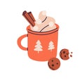 Hot cocoa mug with chocolate cookies. Warm cacao cup, winter drink with whipped cream and cinnamon sticks. Sweet tasty