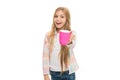 Hot cocoa recipe. Make sure kids drink enough water. Girl kid hold cup white background. Child hold mug. Drinking tea Royalty Free Stock Photo