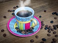 Hot coffe in Cup with Saucer and coffee beans on wooden table Royalty Free Stock Photo