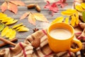 Hot coffee and autumn leaves on plaid - seasonal relax concept