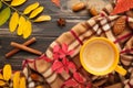 Hot coffee and autumn leaves on plaid - seasonal relax concept