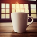 Hot coffee or beverage low angle perspective with window background