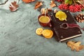 Hot coffee and book with yellow leaves