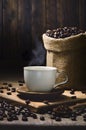 Hot coffee in a brown coffee cup, hot steam top the cup, and coffee beans placed around on an old wooden table in a warm, light Royalty Free Stock Photo