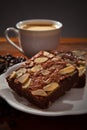 Hot coffee on brownie cake on wood table Royalty Free Stock Photo