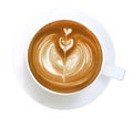 Hot coffee cappuccino latte art heart flower shape top view isolated on white background, clipping path included Royalty Free Stock Photo