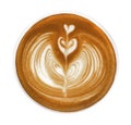 Hot coffee cappuccino latte art heart flower shape top view isolated on white background, clipping path included Royalty Free Stock Photo