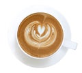 Hot coffee cappuccino latte art heart flower shape top view isolated on white background, clipping path