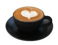 Hot coffee cappuccino latte art heart shape foam in black cup isolated on white background, path Royalty Free Stock Photo