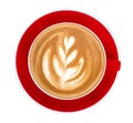 Hot coffee cappuccino latte art in red ceramic cup top view isolated on white background, path Royalty Free Stock Photo