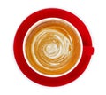 Hot coffee cappuccino latte art spiral foam in red ceramic cup top view isolated on white background, clipping path Royalty Free Stock Photo