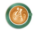 Hot coffee cappuccino latte art swan bird foam in green color cup top view isolated on white background, clipping path Royalty Free Stock Photo