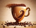 Hot coffee in a clay cup and a plate, whole or ground coffee beans lie on brown background, generative using ai tool Royalty Free Stock Photo