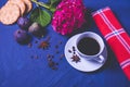 Hot coffee, crackers, ripe three figs, sprinkled grains of aromatic coffee, anise Royalty Free Stock Photo