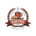 Hot Coffee with croissant retro logo design. Vintage co coffee shop badge