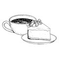 Hot coffee cup with cappuccino and strawberry cheesecake dessert vector black and white illustration for menus