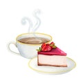 Hot coffee cup with cappuccino and strawberry cheesecake dessert watercolor illustration for menus and flyers