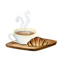 Hot coffee cup with chocolate French croissant pastry on wooden desk watercolor illustration for coffee break Royalty Free Stock Photo