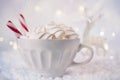 Hot Coffee cup with marshmallows and red candy cane on a frosty winter background. Christmas holidays background. Royalty Free Stock Photo