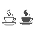 Hot coffee in a cup on saucer line and solid icon. Mug with drink and steam symbol, outline style pictogram on white Royalty Free Stock Photo